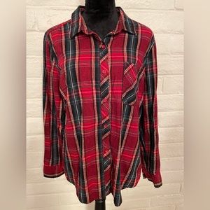 Red Green and Gold Plaid Button Down Long Sleeved Blouse, Sz XL
